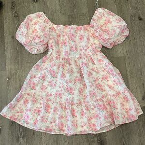 Peach Love California Floral Puff Sleeve Dress Pink Cottagecore Tie Back Size S